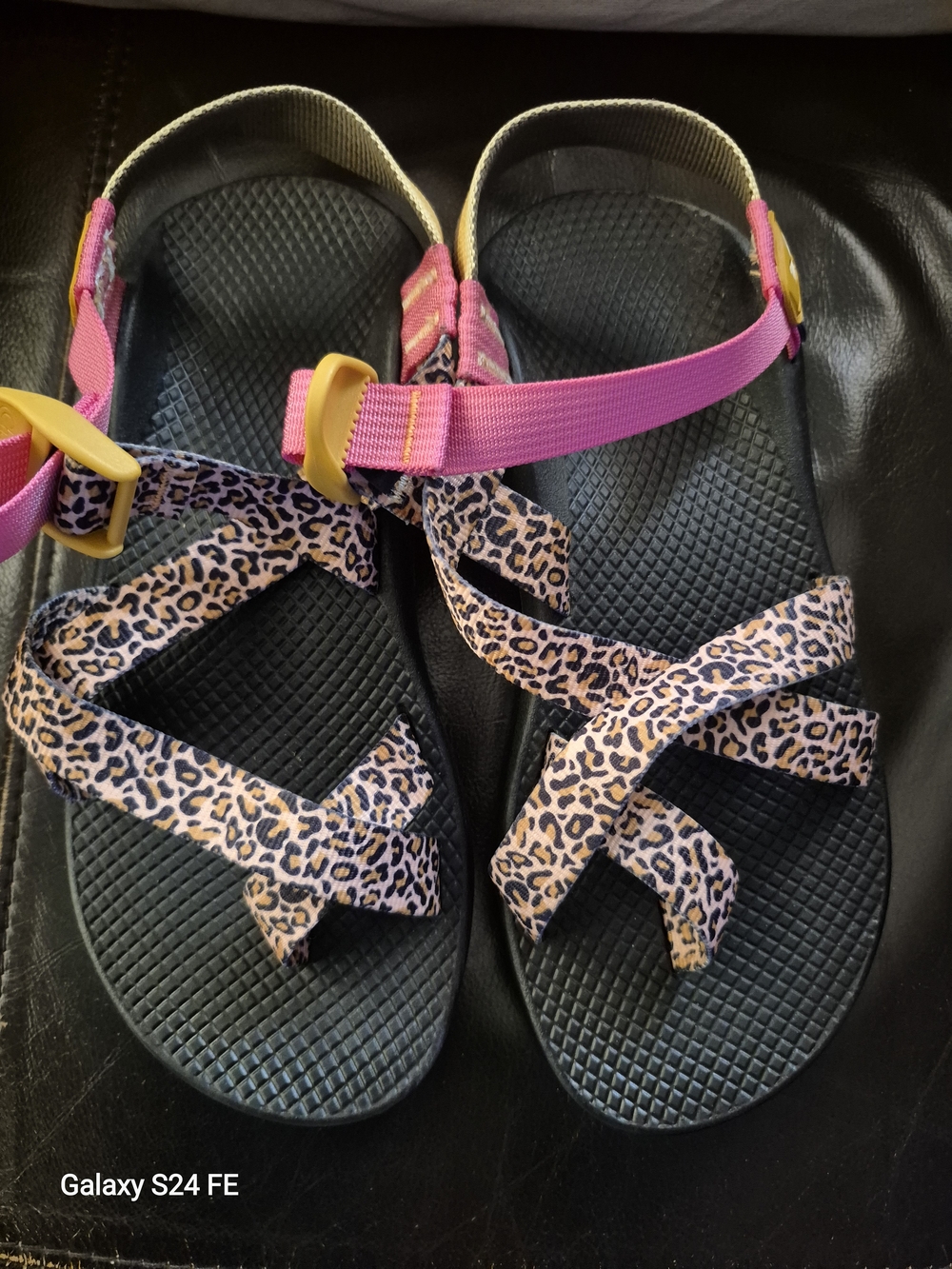 Chaco Leopard-Print Sandals with Pink Straps and Yellow Buckles